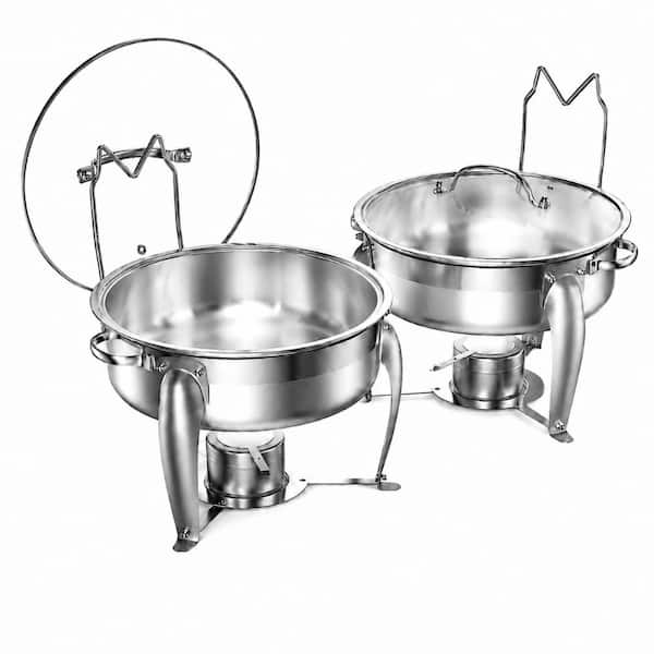 6 qt. Silver Stainless Steel Round Chafing Dish Buffet Set with Glass Lid and Serving Spoons 2 Pack