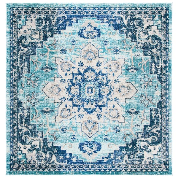 SAFAVIEH Madison Teal/Navy 7 ft. x 7 ft. Border Geometric Floral Medallion Square Area Rug