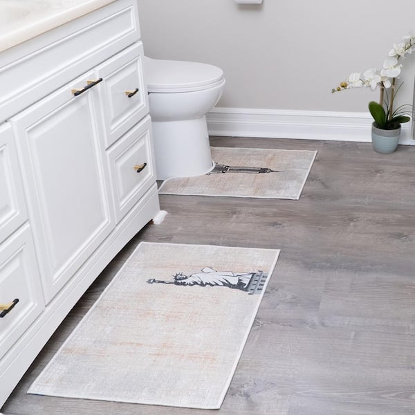 Beige Color Toilet Mat Set, 2-Piece Cotton Bathroom Contour Rugs Set