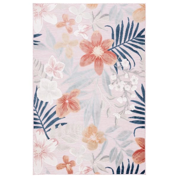 Cabana Pink/Gray 6 ft. x 10 ft. High-Low Floral Leaf Indoor/Outdoor Area Rug