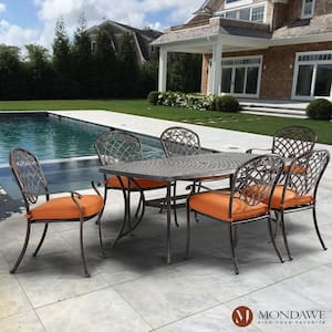 Charcoal Gray 7-Piece Cast Aluminum Rectangle Round Outdoor Dining Set and Backrest Chairs with Orange Cushions