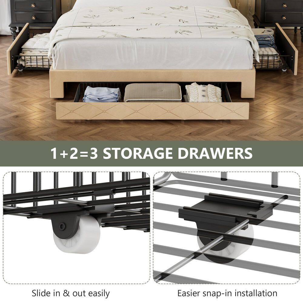 Storage Bed Beige Metal Frame Queen Platform Bed with Power Station, USB Ports and Storage Shelf Headboard, Drawers - thumbnail 3