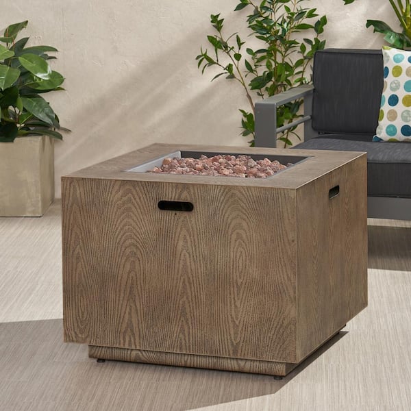 34 in. W 50,000 BTU Square Iron Wood Pattern Outdoor Propane Gas Fire Pit Table in Brown