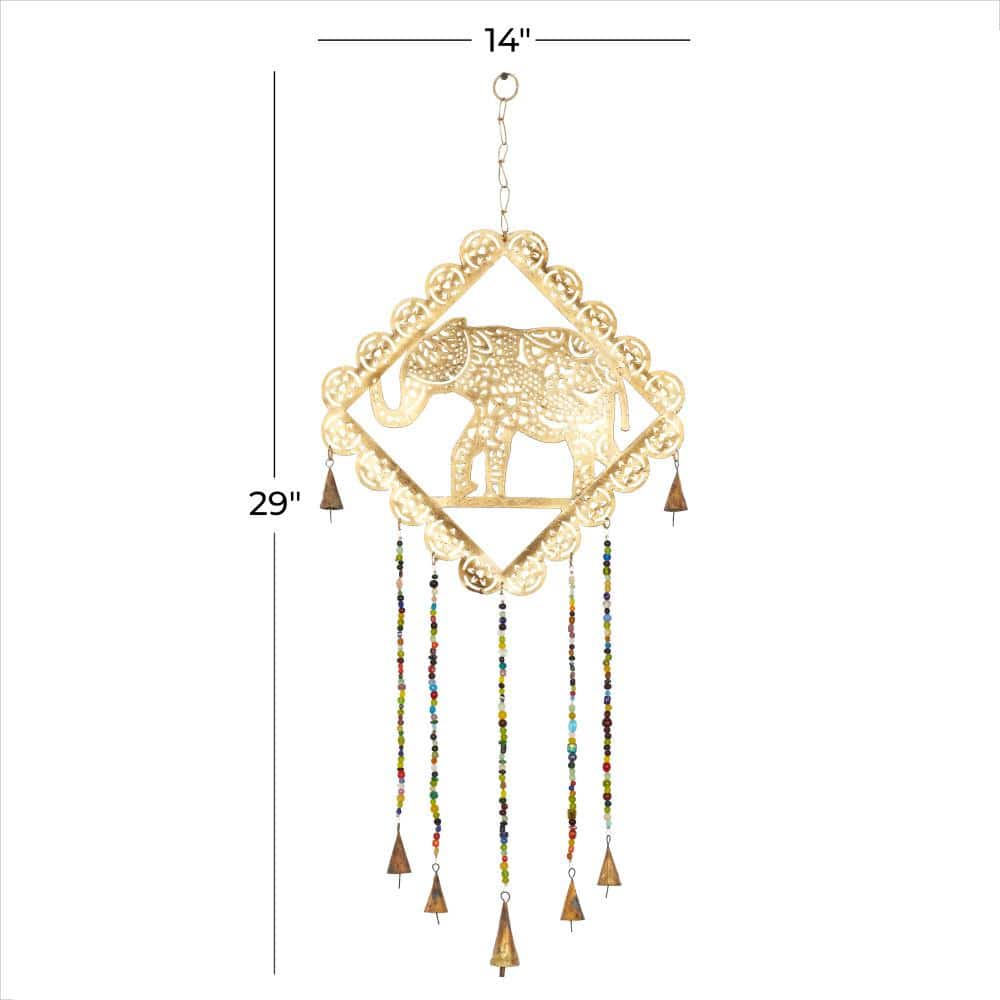 Gold Metal Elephant Windchime with Glass Beads and Bells