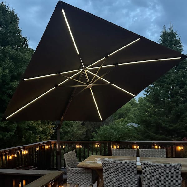 10 ft. Square Aluminum Cantilever Patio Umbrella Solar LED Swivel Offset 360° Rotation Umbrella with Base, in Gray