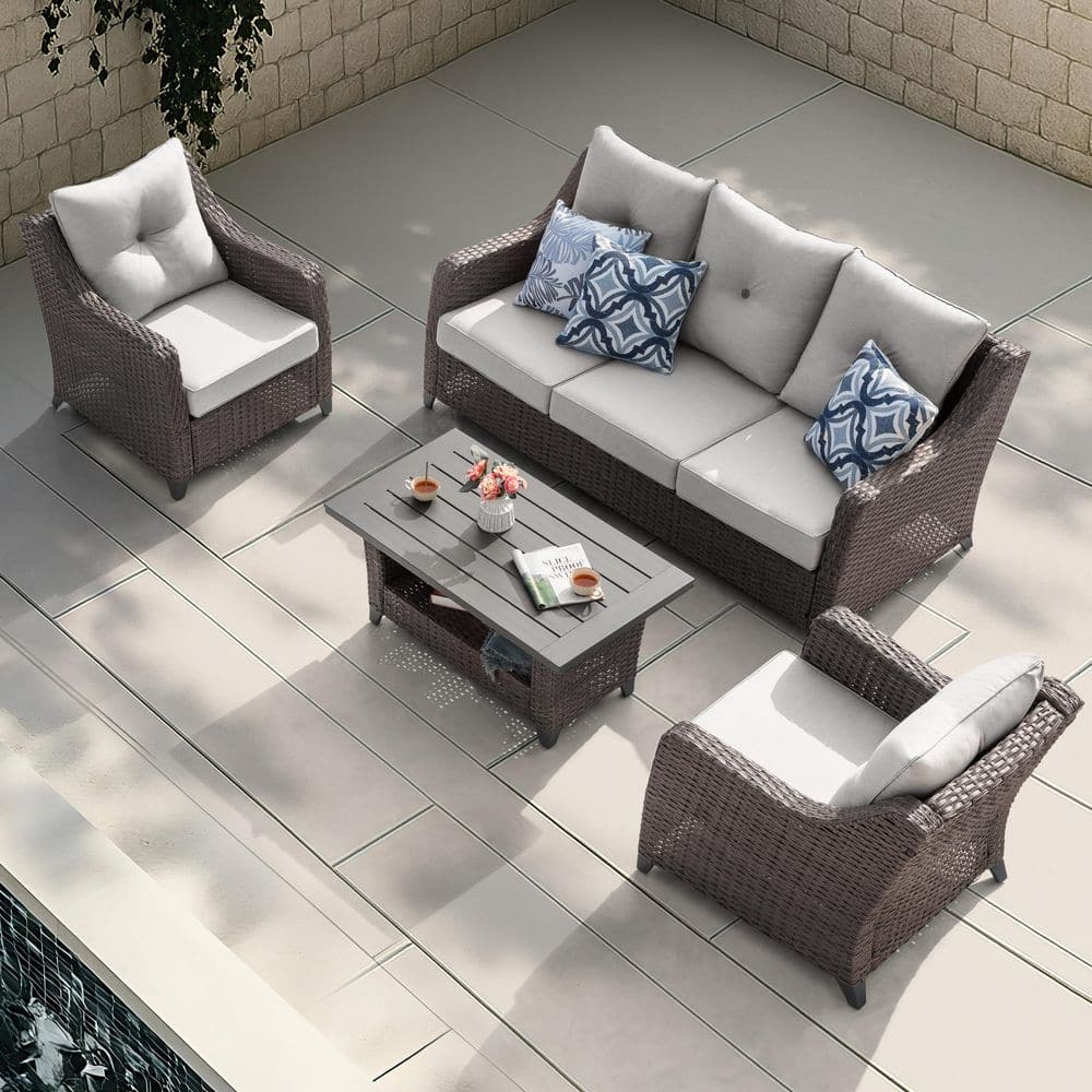 Brown 4-Piece Wicker Patio Conversation Set with Light Gray Cushions and Coffee Table price history on PriceWatchPro