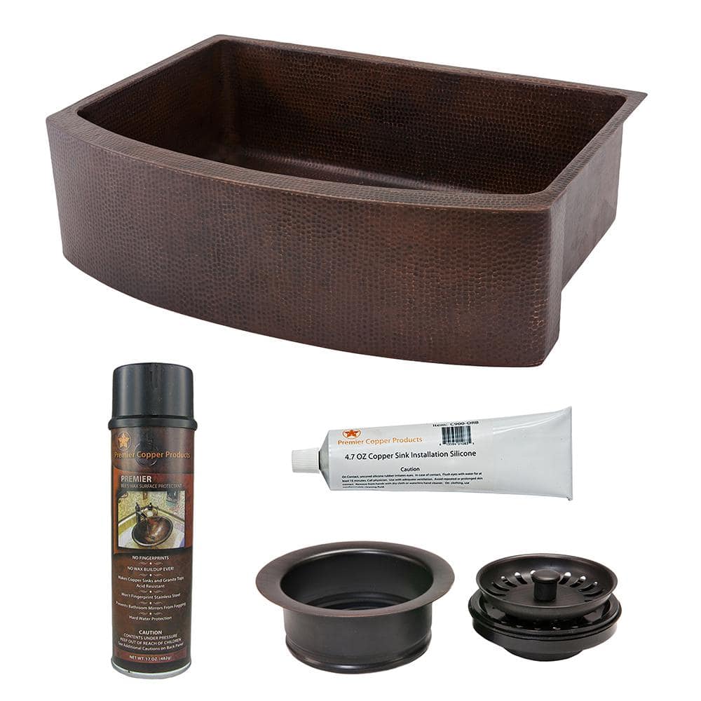 Premier Copper Products Copper 30 in. Single Bowl Rounded Kitchen Farmhouse Apron Front Sink and Drain in Oil Rubbed Bronze -  KSP3_KASRDB30249