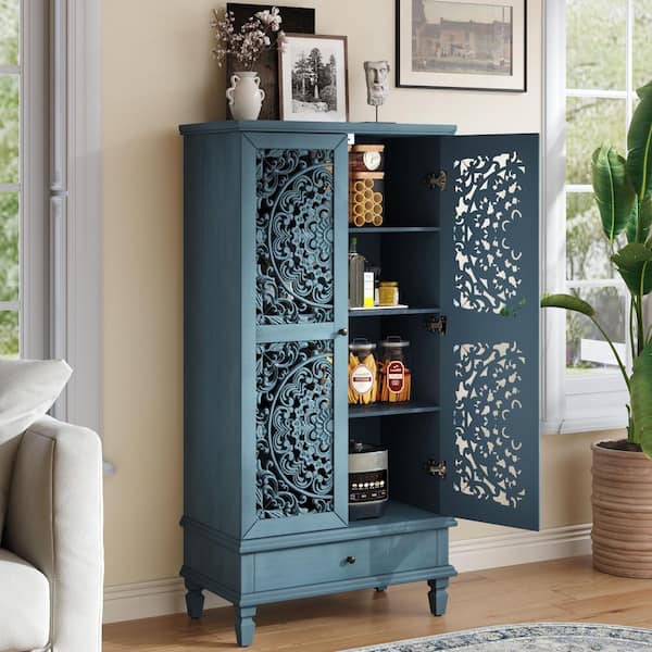 Estra Antique Blue Washed Wood 55.51 in. Storage Cabinet with 2 Carved Doors and 3 Shelves