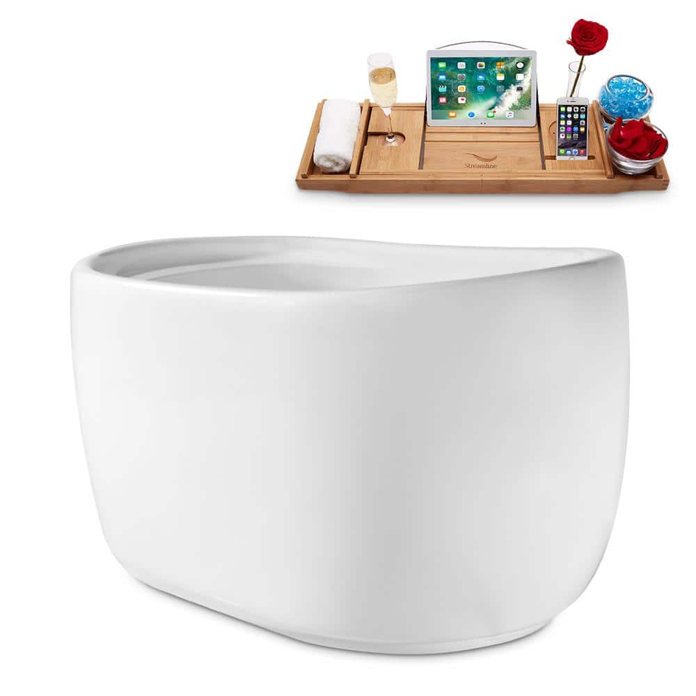 51" Glossy White Acrylic Freestanding Soaking Bathtub with Bamboo Tray