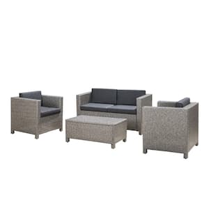 Puerta gray 4-Piece Faux Rattan Outdoor Patio Conversation Set with Mixed Black Cushions