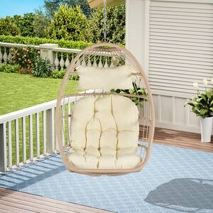 1-Person Khaki Wicker Outdoor Patio Porch Swing Hanging Chair with Light Beige Cushions