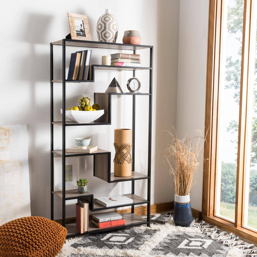 Joanna Transitional Oak and Black Wood Etagere, 32"W x 12"D x 62"H