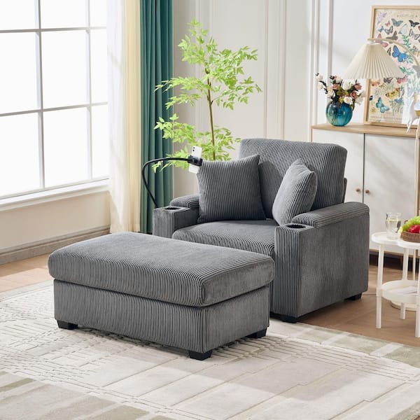Kirsten Gray Fabric Chaise Lounge with Movable Storage Ottoman, USB Ports, Side Pockets, Phone Holder, Cup Holder
