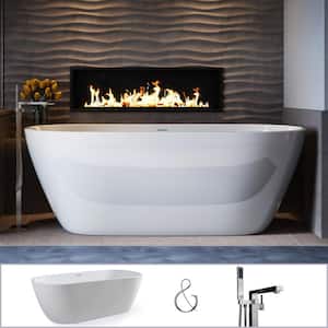 W-I-D-E Series Woodside 71 in. Acrylic Oval Freestanding Bathtub in White, Floor-Mount Square-Post Faucet in Nickel
