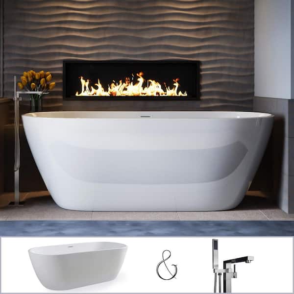 PELHAM & WHITE W-I-D-E Series Woodside 71 in. Acrylic Oval Freestanding Bathtub in White, Floor-Mount Square-Post Faucet in Nickel