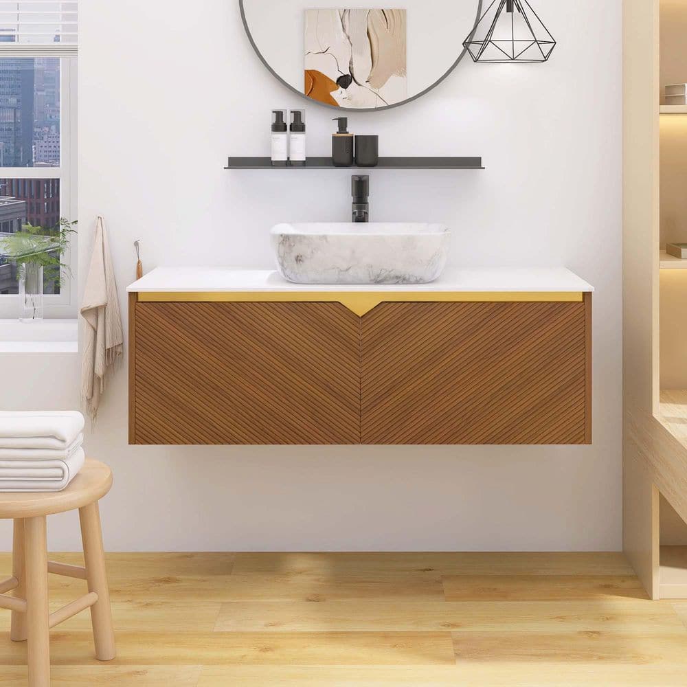Yingze 48 in. Wall Mounted Single Sink Brown Oak Bath Vanity with