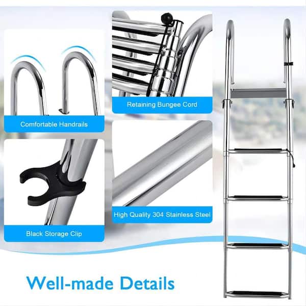 Stainless Steel 4 Step Folding Telescoping Pontoon Boat Ladder for Above Ground Pool