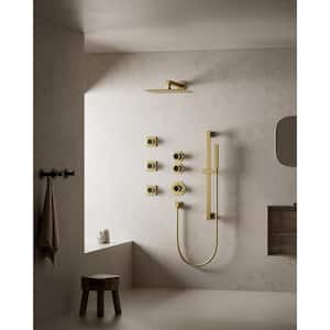 Thermostatic Valve 5-Spray 12 in. Dual Shower Heads Wall Mount Fixed and Handheld Shower Head in Brushed Gold