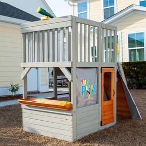 Lookout Post Outdoor Wooden Playhouse, Buildable Kids Backyard Playset with Climbing Ramp
