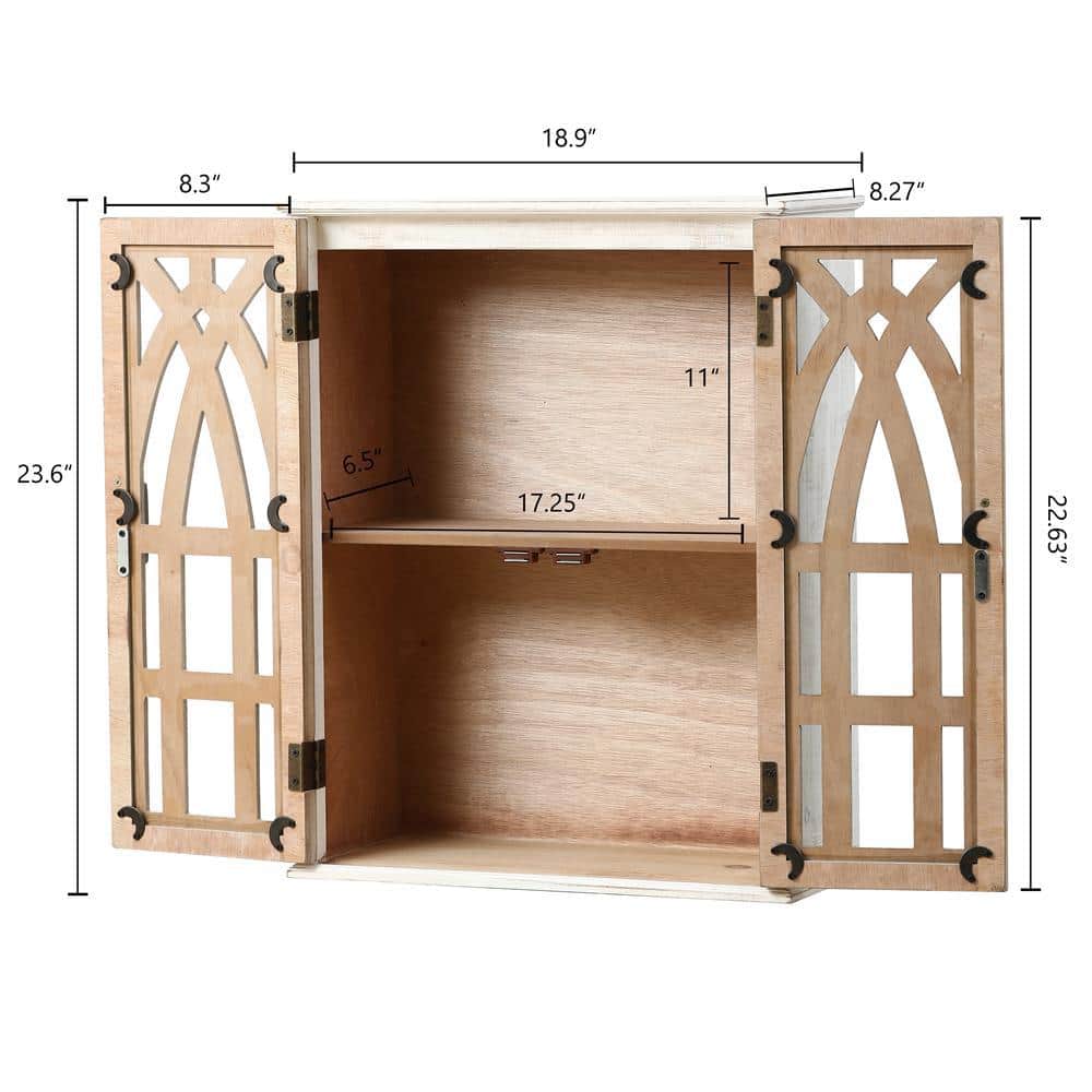 Farmhouse White and Natural Wood Cathedral-Style Wall Cabinet