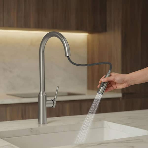 19.8 in. H 1-Handle Pull Down Sprayer Kitchen Faucet Hot and Cold with 360° Swivel in Stainless Steel