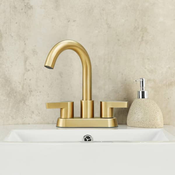Satico 4 in. Centerset 2-Handle 3-Hole 360-Degree Swivel Spout Bathroom Vanity Faucet with Drain in Brushed Gold