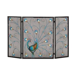 Black Metal Peacock Foldable Mesh Netting 3-Panel Fireplace Screen with Crystal Accents