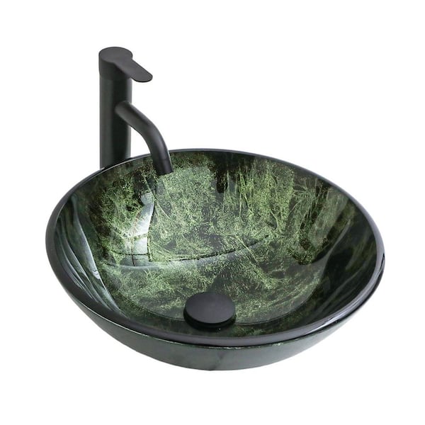 16 in. Green Oval Tempered Glass Vessel Bathroom Sink with Faucet and Pop-up Drain