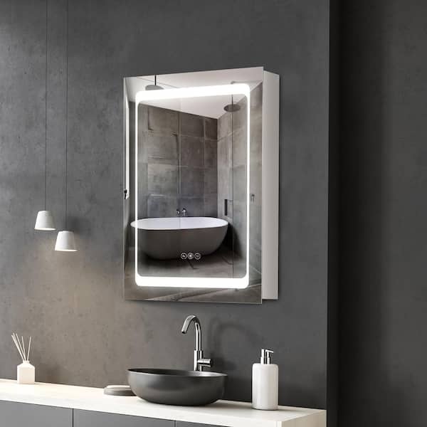 20 in. W x 28 in. H Silver Rectangular Stainless Steel Dimmable LED Light Medicine Cabinet with Mirror