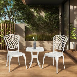 3-Piece White Cast Aluminium Square Table Outdoor Bistro Set Armless Chairs