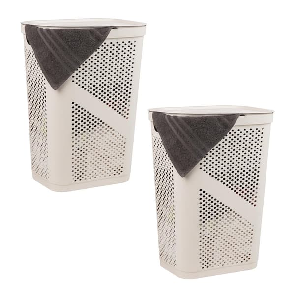Ivory 23.5 in. H x 13.75 in. W x 17.25 in. L Plastic 60L Modern Rectangle Laundry Room Hamper with Lid (Set of 2)