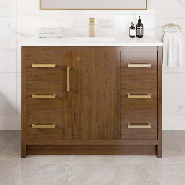 Curio 42 in. Single Sink Walnut Bath Vanity with White Carrara Quartz Top (Assembled)