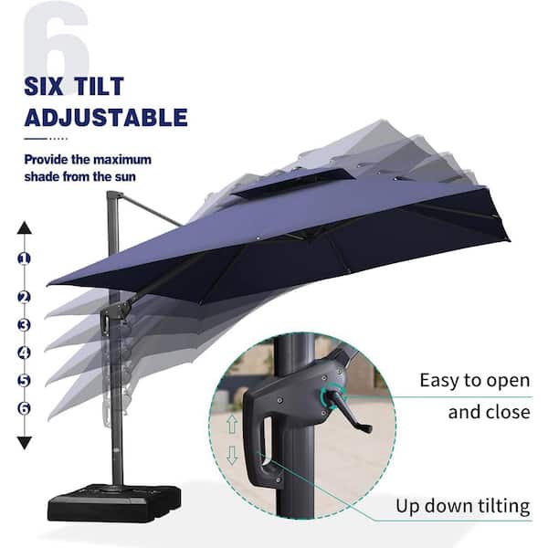10 ft. Square 2-Tier Aluminum Cantilever 360-Degree Rotation Patio Umbrella with Wheels Base, Navy Blue