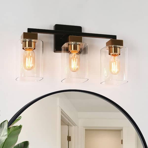 Zevni 18 in. 3-Light Brass Bathroom Vanity Light for Mirrors, Clear Glass Black Bath Lighting, Modern Indoor Wall Sconce