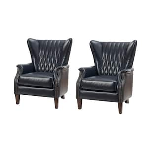 Valerius Navy Genuine Leather Armchair with Nail head Trims and Solid Wood Legs Set of 2