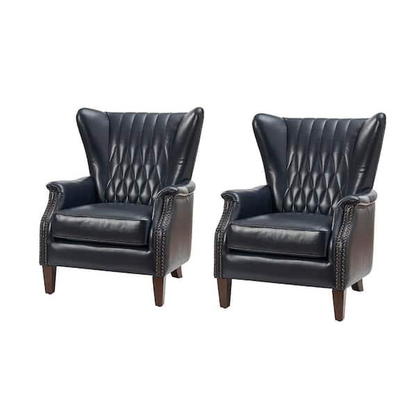 JAYDEN CREATION Valerius Navy Genuine Leather Armchair with Nail head Trims and Solid Wood Legs Set of 2