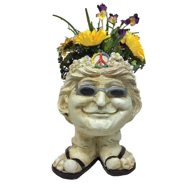 13 in. H Hippie Chick Janice Antique White Muggly Face Planter in Groovy  1960's Attire Statue Holds 4 in. Pot