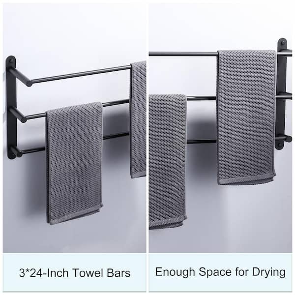 24 in. Bathroom 3-Tiers Towel Rack Wall Mount Towels Shelves/Bars in Stainless Steel Matte Black