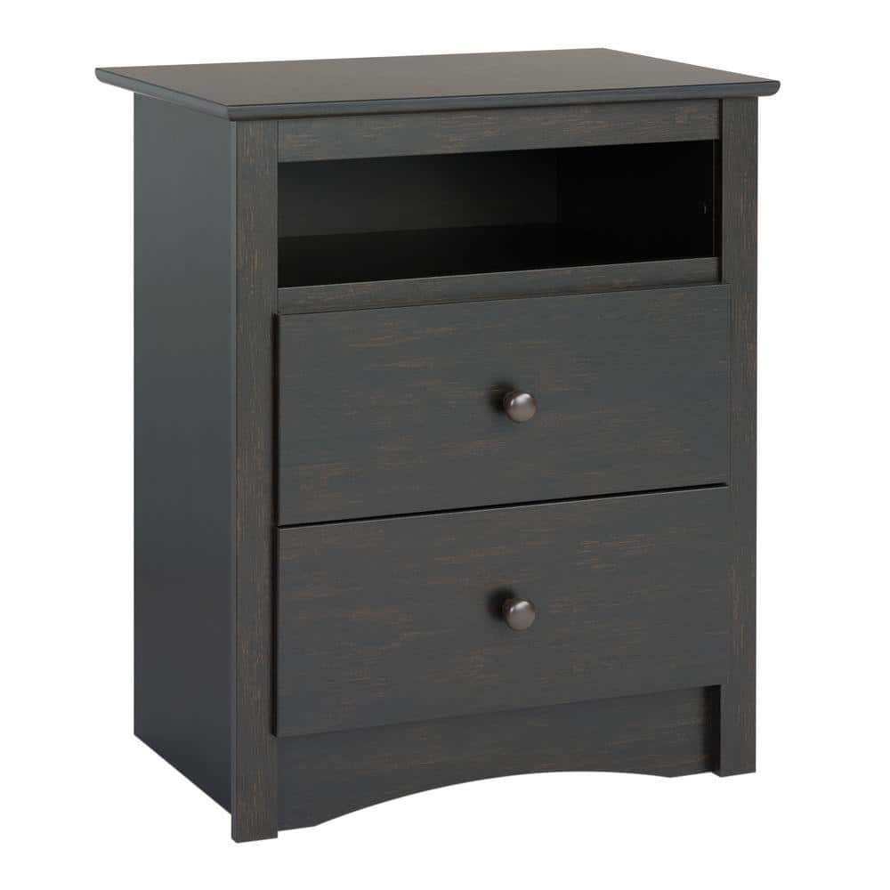 Washed Black 2-Drawer Nightstand with Open Shelf