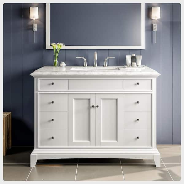 Eviva Elite Princeton 48 in. W x 24 in. D x 34 in. H Bath Vanity in White with White Carrera Marble Top with White Sink