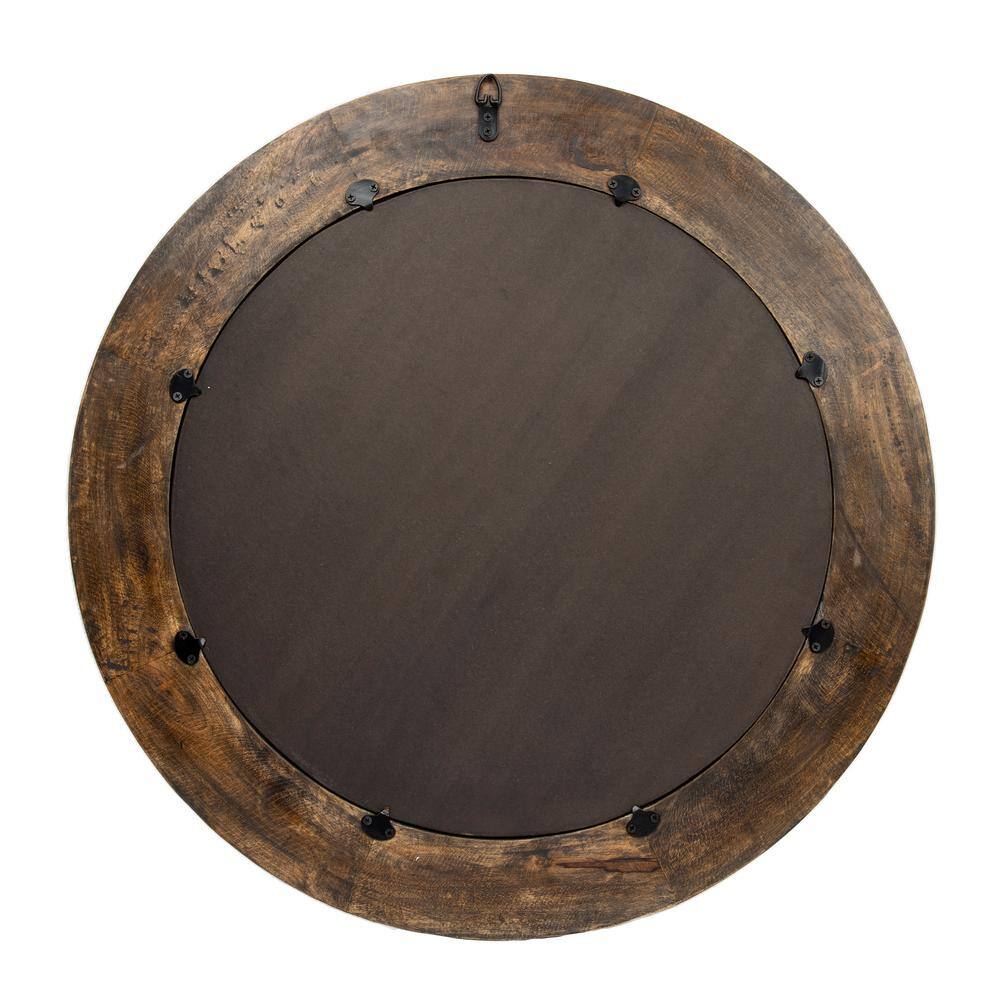 Walnut Round Carved Wood Framed Wall Mirror with Hobnail Detail