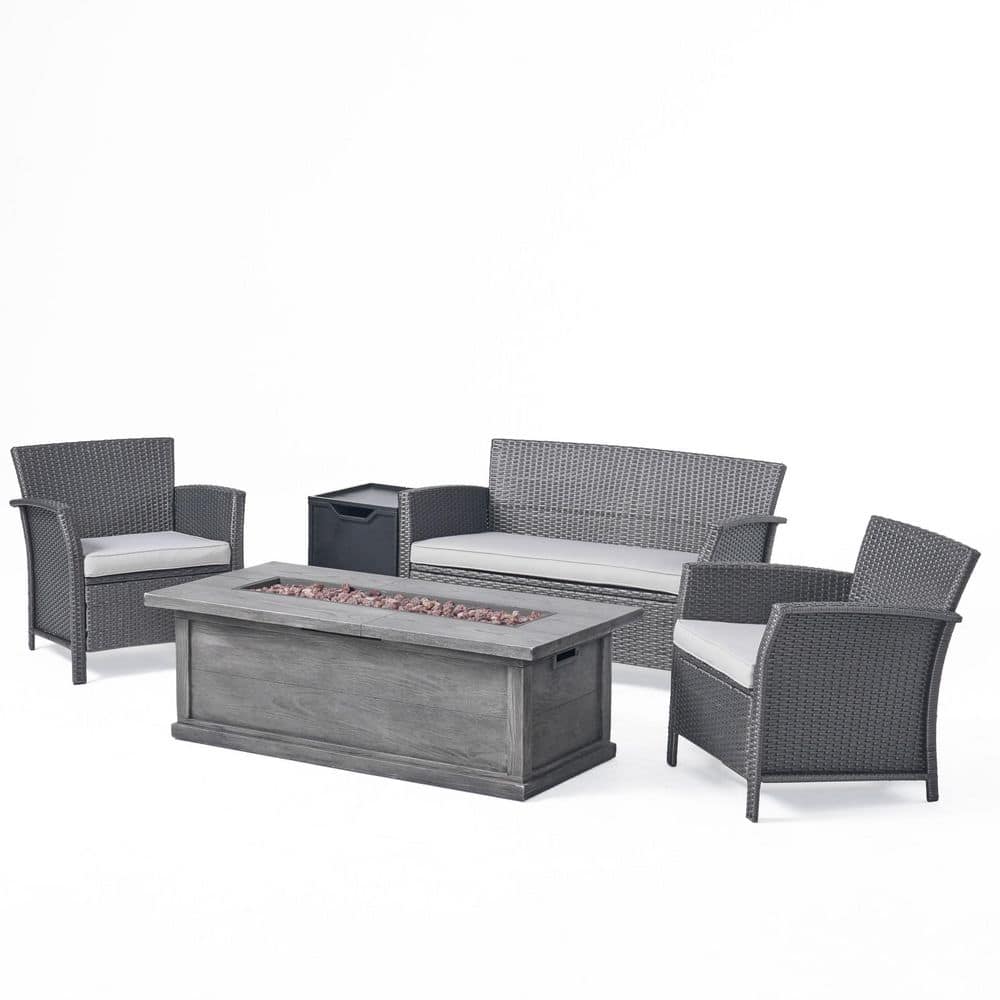 St. Lucia Gray 5-Piece Faux Rattan Patio Fire Pit Conversation Set with Silver Cushions price history on PriceWatchPro