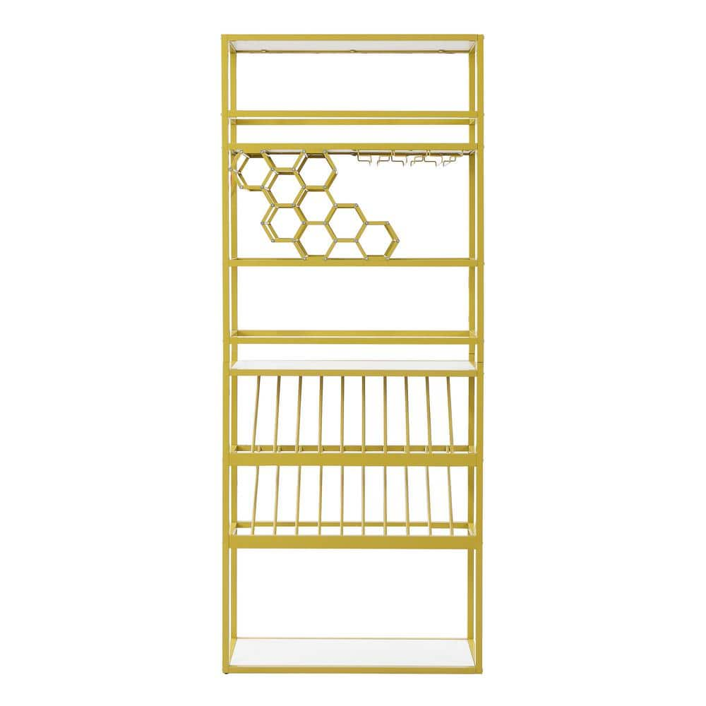 FUNKOL 7-Tier Industrial Freestanding MDF Metal Wine Rack in White Gold with LED, Wine Glasses Rack and Wine Storage