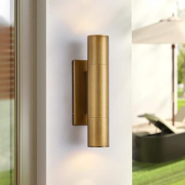 Derrow 15 in. 2-Light Hand-Painted Gold Cylinder Outdoor Wall Sconce with Waterproof Glass Lenses