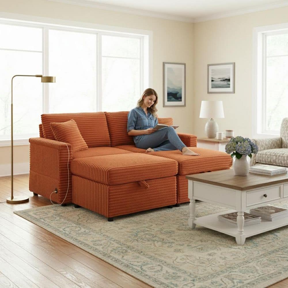 ICRE 69 in. Straight Arm 2-Piece Corduroy Sectional Sofa with Storage Ottoman and Hidden Table, in Terracotta Orange price history on PriceWatchPro