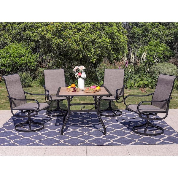 Black 5-Piece Metal Outdoor Patio Dining Set with Wood-Look Square Table and Textilene Swivel Chairs