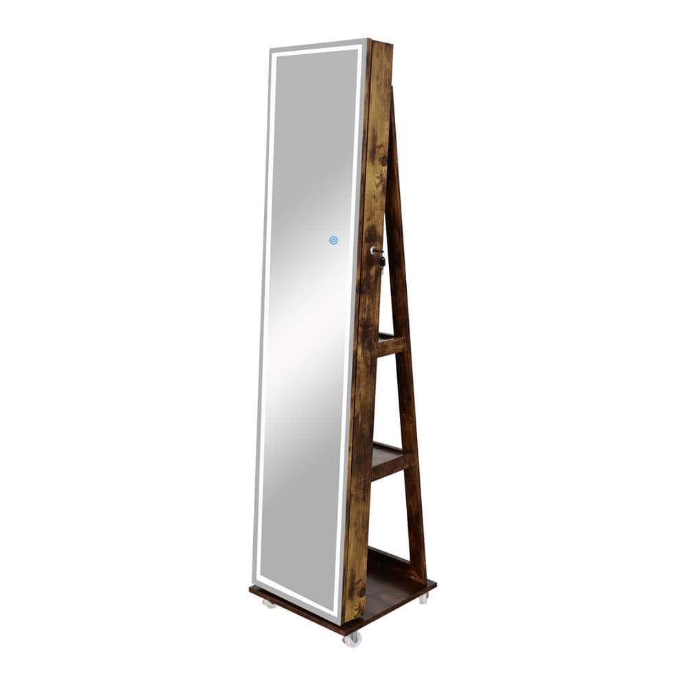 Antique Gray Rectangular Wood Floor Standing Jewelry Cabinet with Mirror an