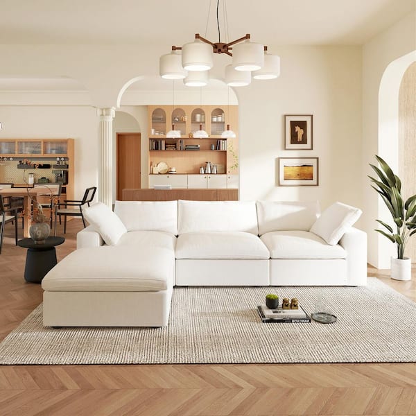 Storage 118 in. Square Arm Modualr 4-Piece Microfiber Pine Wood Sectional Sofa in White with Ottoman, Removable Covers