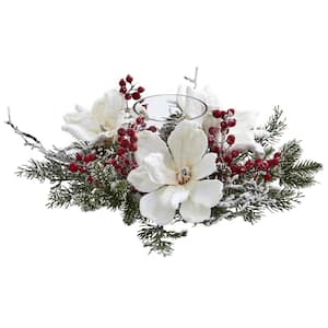Frosted Magnolia and Berry Artificial Arrangement Candelabrum