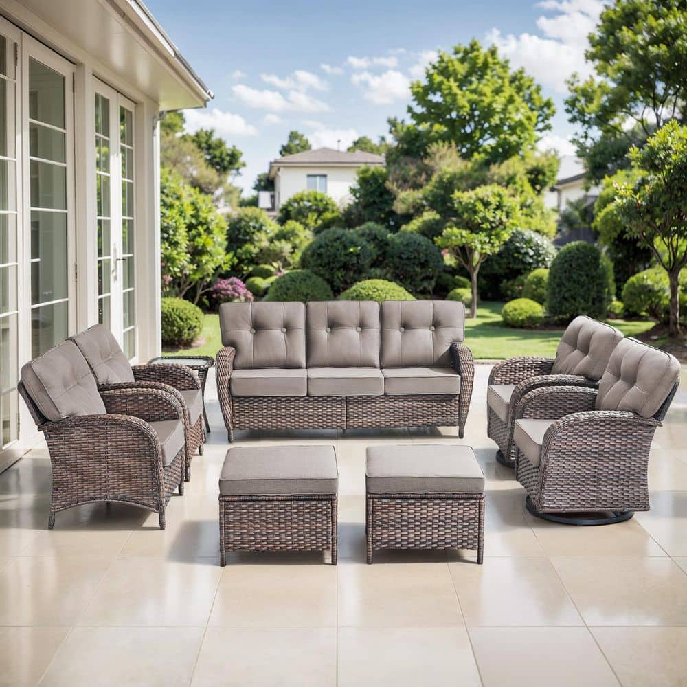 TWrap Brown 8-Piece Wicker Patio Conversation Set with Gray Cushions and Swivel Rockers, Armchairs price history on PriceWatchPro